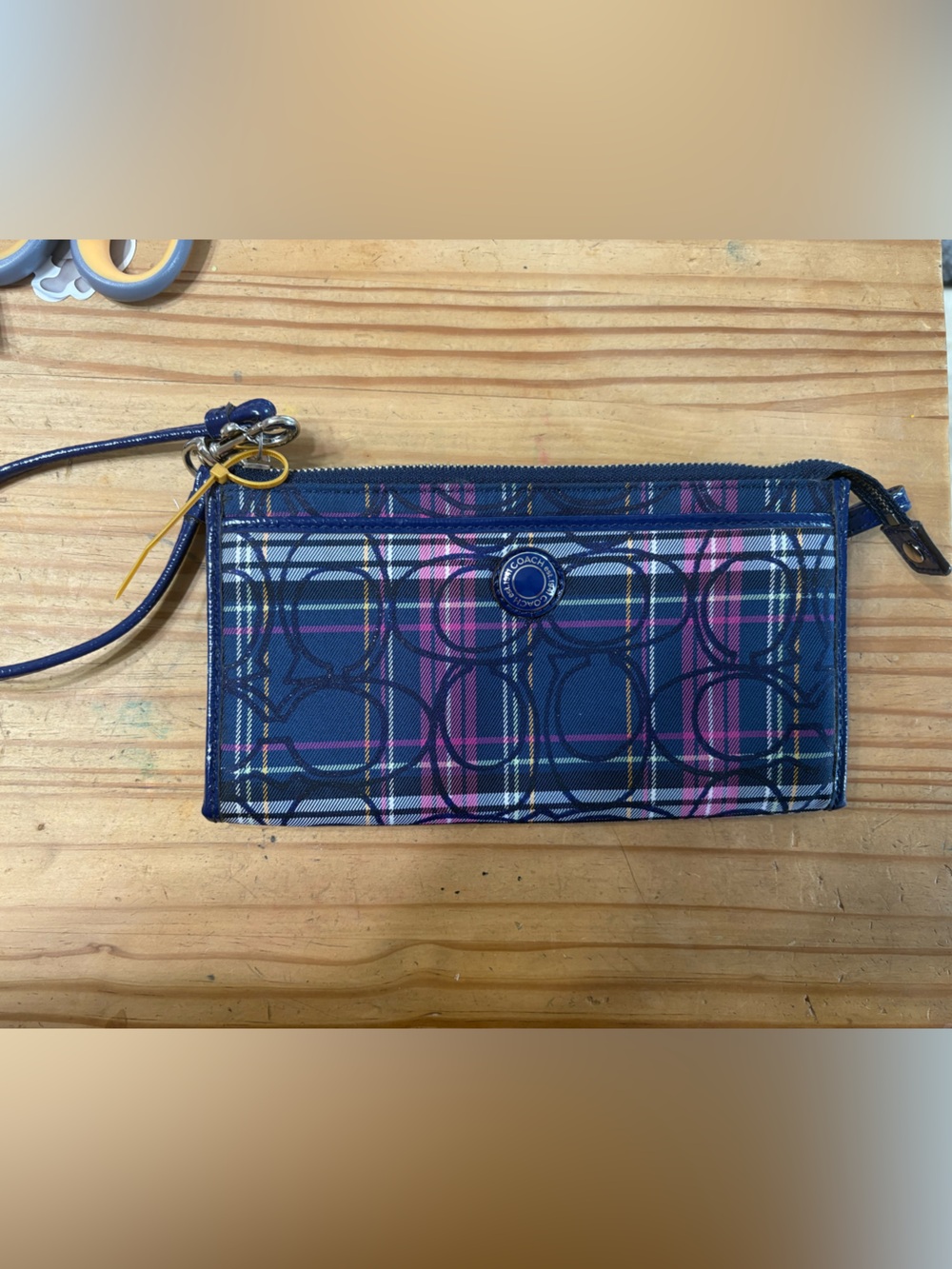 Coach Navy Plaid Wristlet with Pink Accents